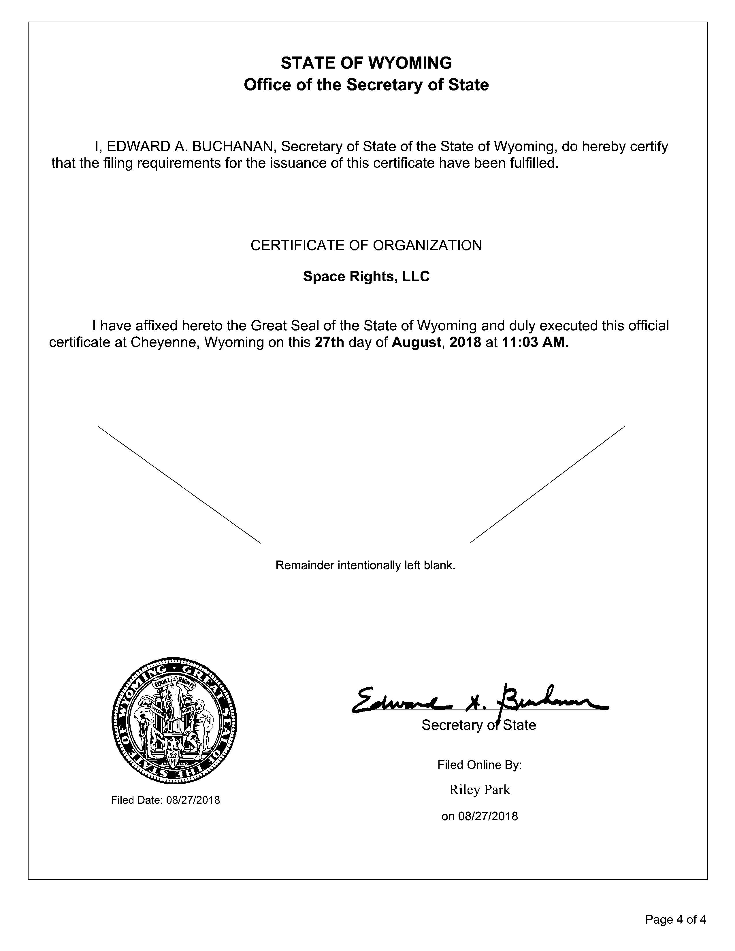 Scanned Wyoming Certificate of Organization issued to Space Rights, LLC